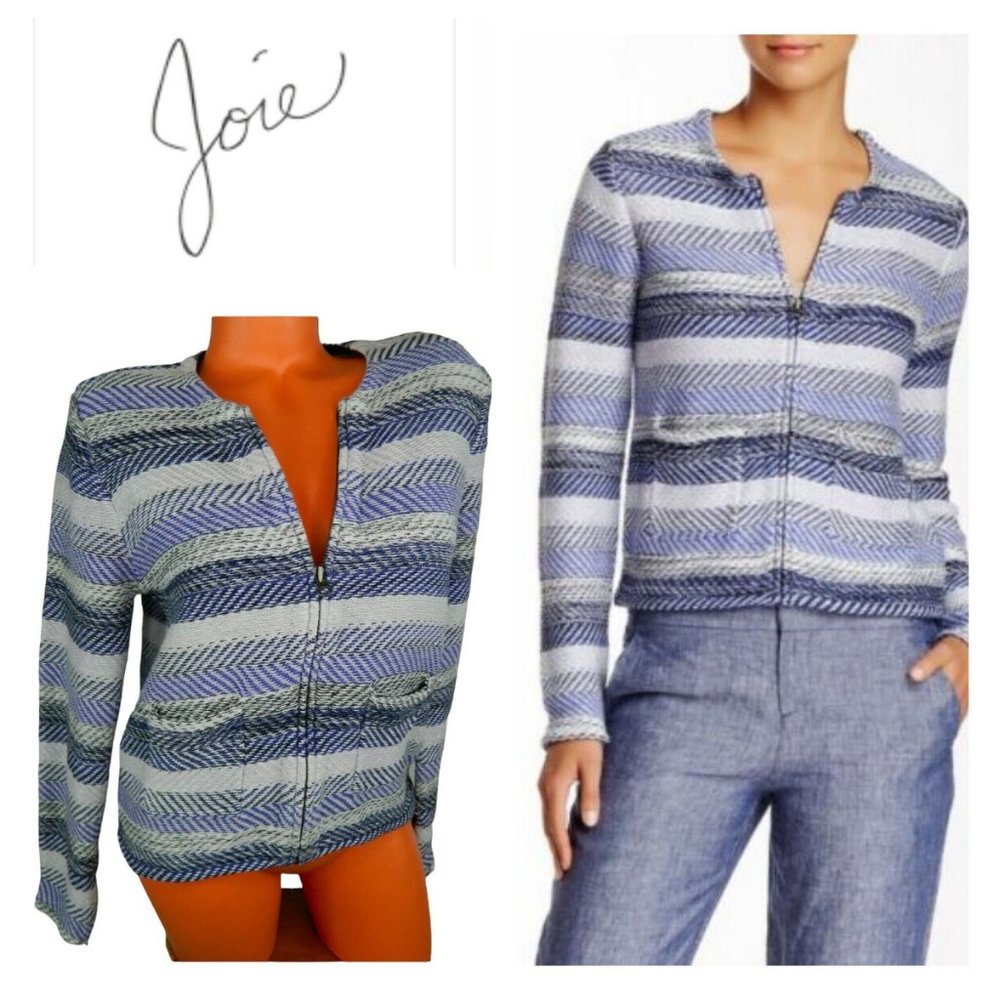 Joie Jacolyn Blazer Jacket Large 12 14 Blue Stripe Career Zip Up Pockets